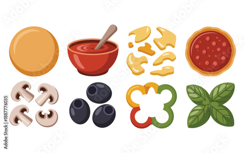 Pizza toppings ingredients, tomato sauce bowl, pepperoni, sliced mushrooms, black olives, basil leaves, cheese pieces, family cooking party vector