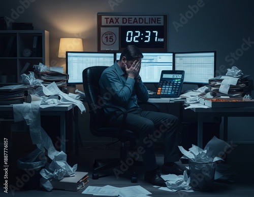 Stressed worker facing tax deadline in office.