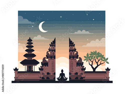 Person Meditating in Lotus Pose at Traditional Balinese Temple Gate.