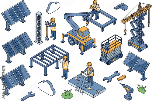 Isometric Illustration of Renewable Energy & Construction Elements