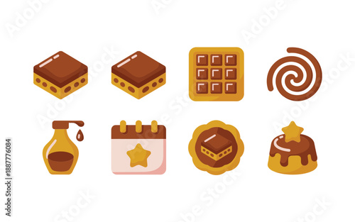 Baking competition icons, brownie squares, caramel candy swirl, honey jar, tart, festival badge, pastry fair, dessert celebration vector illustration