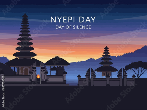Balinese Temple Silhouette at Sunset for Nyepi Day of Silence.