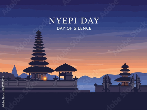 Nyepi Day of Silence with Balinese Temple Silhouette at Sunset.
