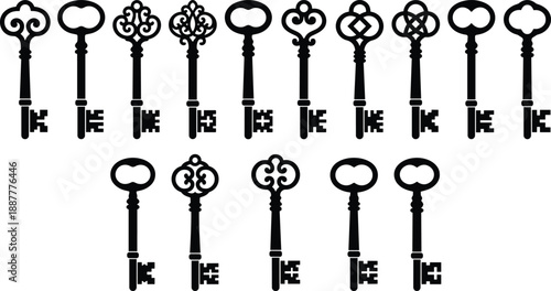 Vintage ornate skeleton keys silhouette set featuring antique decorative key designs, classic security symbols illustration isolated on white background for retro branding and graphic design