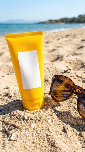 Sunscreen on the beach with sunglasses nearby.