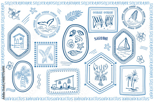 Hand drawn summer beach stamps, frames and elements. Cute coastal vacation collection of graphics. Beach houses, palm trees, lobster, boat and shells. Vector illustration set in sketch style.