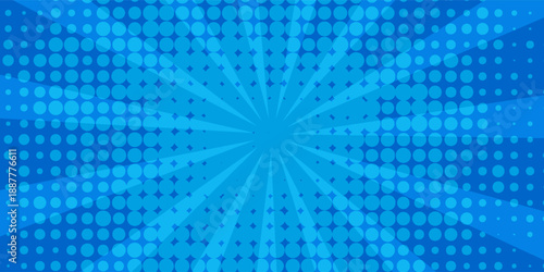 Pop art comic blue background with halftone, rays, gradient. Vector cartoon illustration in retro style. Design for comic book, poster, banner