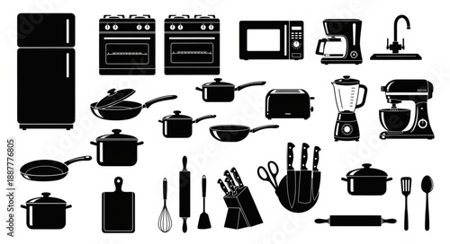 Collection of Kitchen Appliances and Utensils Silhouettes.