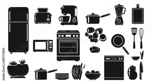Collection of Kitchen Appliances and Utensils Silhouettes.