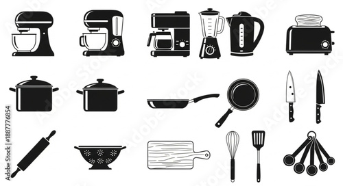 Collection of Kitchen Appliances and Utensils.