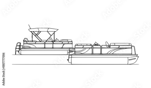 Modern thin-line black and white vector drawings of two pontoon boat designs