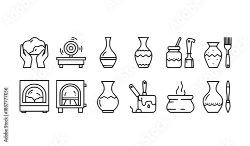 Modern pottery and ceramics clay art process thin-line vector icon set
