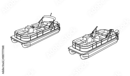 Minimal black line art vector illustration of two different pontoon boats isolated on white