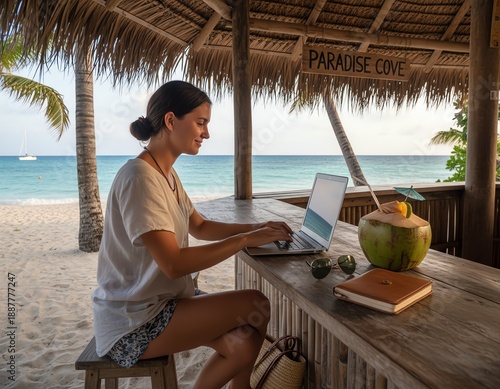 Woman working on laptop at beachside hut.