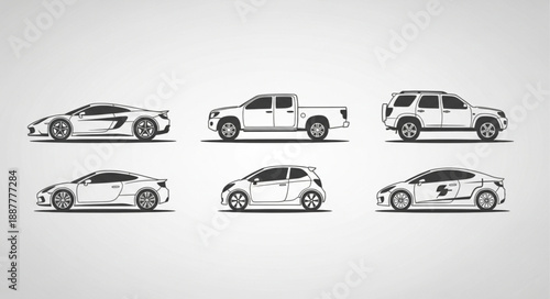 Collection of Diverse Vehicle Silhouettes on White Background.