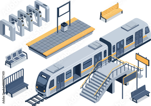 Isometric View of Train Station with Subway, Platform and Street Furniture