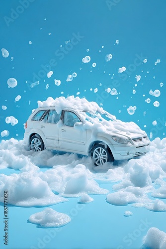 car wash. modern stylish white car in foam on blue background with copy space. car care banner with place for text minimalism. no people. self-service car wash. front view. vertical photo