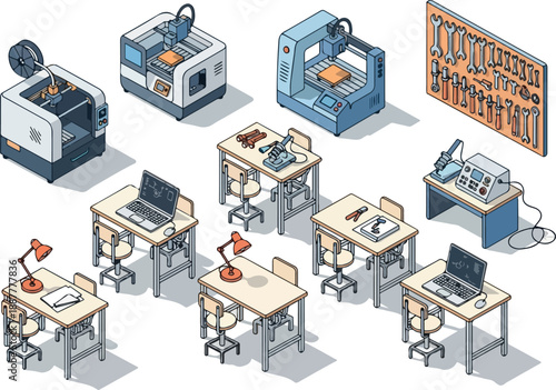 Isometric Workspace with 3D Printers, Desks, and Tools