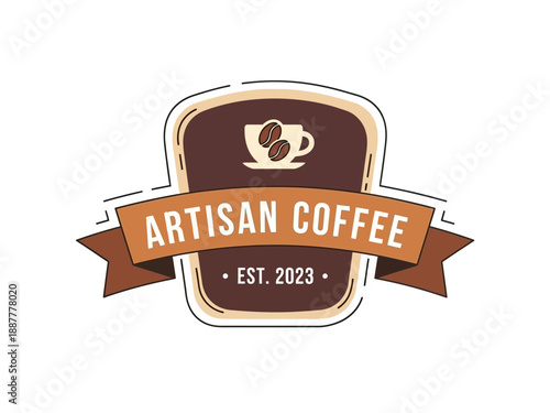 Artisan coffee logo design with coffee cup and ribbon banner illustration