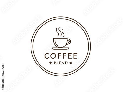 A minimalist coffee logo featuring a stylized cup and saucer with rising steam, surrounded by a simple circular border with the text COFFEE BLEND