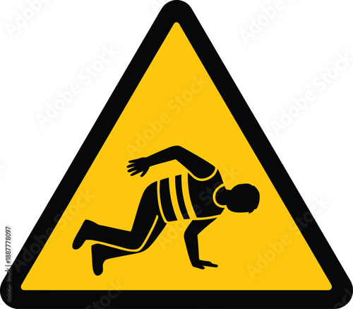 Yellow triangle warning sign with black silhouette of person falling