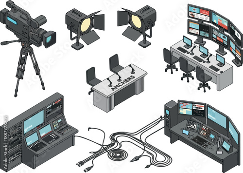 Broadcast Studio isometric icons illustration set for film production and video recording
