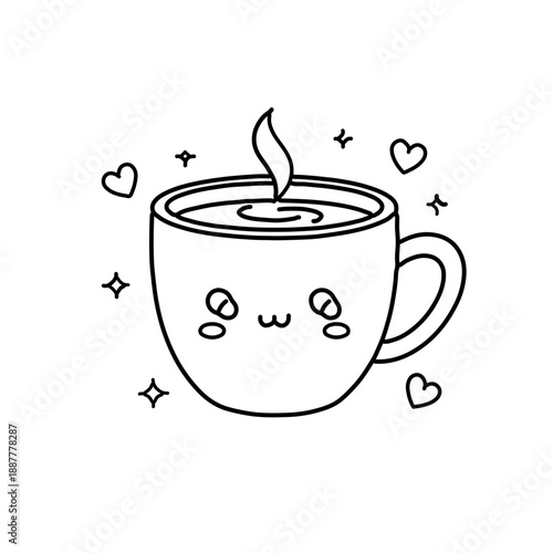 Cute kawaii coffee cup vector illustration, cartoon hot chocolate character with hearts and stars, coloring book page for kids isolated on white background