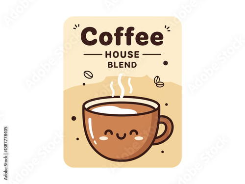 A cartoon coffee cup illustration on a beige background with coffee beans and steam rising from it.