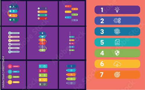 Colorful infographic templates in modern flat design with bright purple and orange colors in grid layout for data visualization