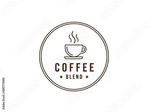 A steaming cup of coffee blend logo design on a circular background viewed from directly above