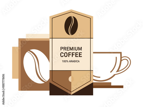 Graphic illustration of premium coffee packaging with coffee beans and a cup from a frontal viewpoint