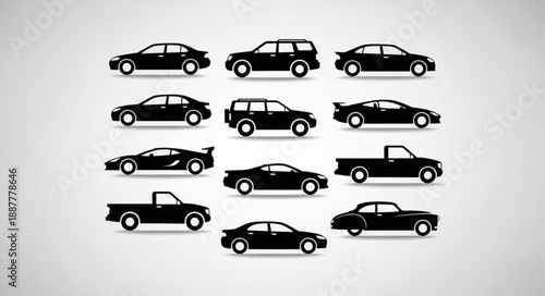 Collection of Silhouetted Cars and Trucks on Gray Background.