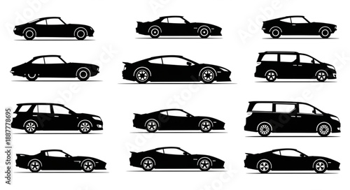 Collection of Silhouetted Cars and Vehicles.