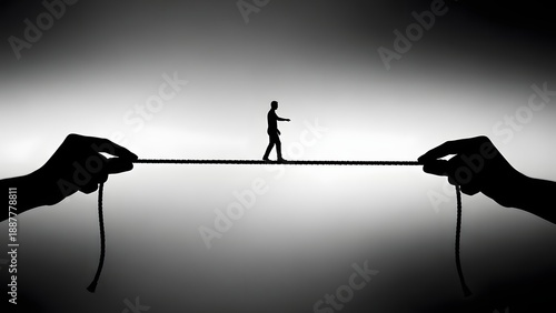 Balancing act a lone figure walks a tightrope held by two hands, symbolizing risk and precarious equilibrium