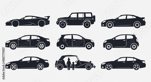 Collection of Silhouetted Cars and Vehicles.
