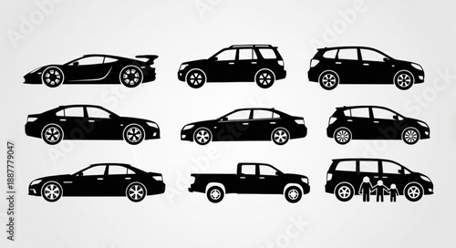 Collection of Silhouetted Cars and Vehicles.