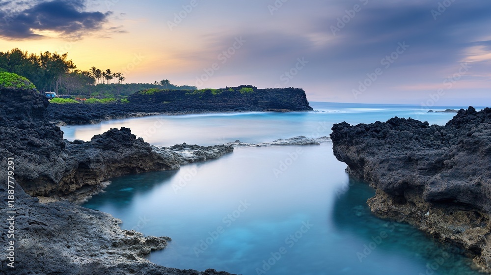 Obraz premium tide. Ocean waves wash over smooth black volcanic rocks at sunset, creating glossy reflections. inspiring travel planning, travel magazines, designed for travel destination branding.