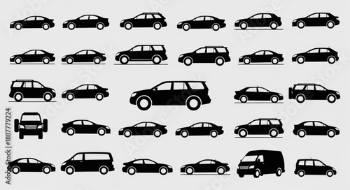 Collection of Silhouetted Cars and Vehicles.