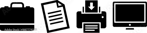 Business & Office Pictogram Set - Briefcase, Document, Printer, Computer Icons