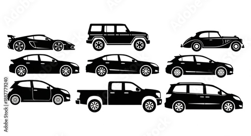 Collection of Silhouetted Cars and Vehicles on White Background.