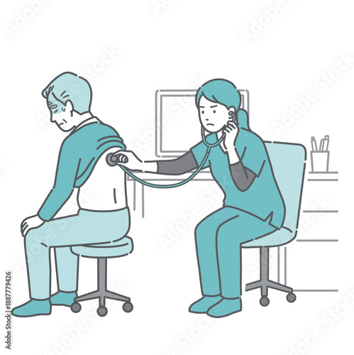 背中の聴診を受ける冷や汗をかいた高齢男性と深刻な表情のスクラブ姿の女性医療従事者のイラスト
