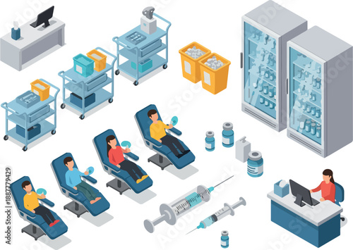 Isometric Blood Donation Center with Equipment and Donors