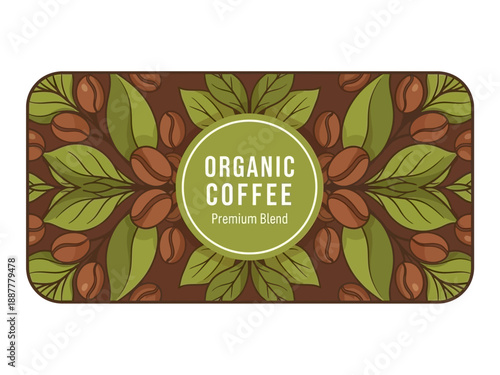 Vibrant Organic Coffee Label Featuring Coffee Beans and Leaves in a Floral Pattern