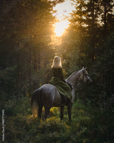 Horseback riding in summer forest
