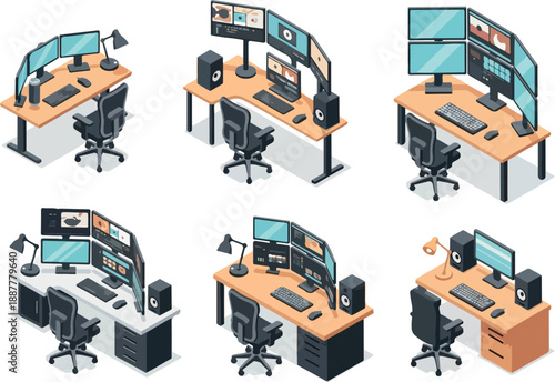 Isometric Office Workspaces with Multiple Monitors and Ergonomic Setups