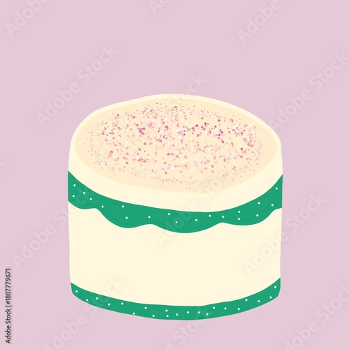 illustration of a cake cream cheese and pandan flavor , love-shaped cake sprinkles, wedding and birthday cake , hand drawn 