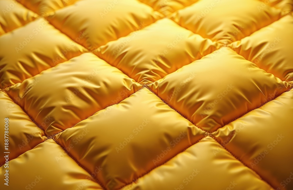 Fototapeta premium Close-up of bright yellow quilted fabric, smooth puffy texture, stitched diamond pattern, warm padded material. Cozy soft textile surface for clothes or decor.