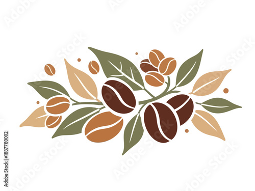 Coffee beans surrounded by leaves and coffee grains in a beautiful illustration from a close-up viewpoint