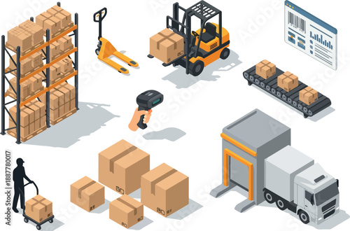Warehouse and Logistics Illustration Featuring Forklift, Pallet Jack, and Delivery Truck