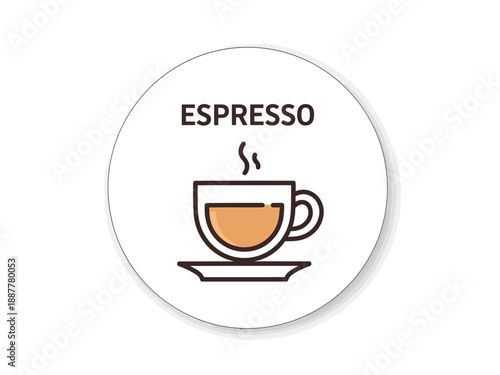 A steaming cup of espresso on a saucer, a minimalist illustration of a coffee drink in a simple circular frame